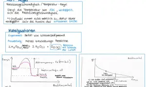 Diagramme und Notizen zur Reaktionsgeschwindigkeit in der Chemie: RGT-Regel, Katalysatoren und Energieprofile.