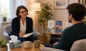 Kobieta w okularach, przypominająca rzecznika praw pracownika, rozmawia z mężczyzną. Na stole leżą broszury o wsparciu.