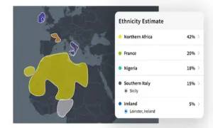Carte des origines ethniques montrant un résultat ADN avec 42% d'Afrique du Nord, 20% de France, 18% du Nigeria, 15% du Sud de l'Italie et 5% d'Irlande.