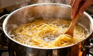 Des pâtes spaghetti bouillonnent dans une casserole, prêtes à être mélangées avec du pistou pour un plat savoureux.