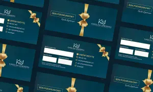 Eleganckie bony podarunkowe z motywem złotych wstążek. Dowiedz się, jak zrobić voucher na usługi fizjoterapii.