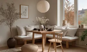Gemütliche Essecke modern gestalten: Holztisch, Bank mit Kissen, Stuhl und Deko.