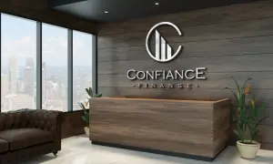 Nowoczesne biuro z logo "CONFIANCE FINANCE", kanapą i widokiem na miasto.