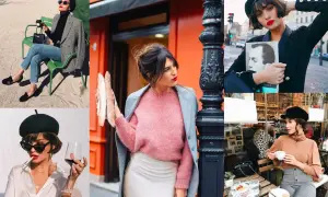 Kobiety w beretach i stylowych płaszczach, uosabiające paryski szyk. Francuska moda w różnych odsłonach, od spaceru po kawiarnię.