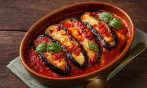 Melanzane alla Parmigiana: geschichtete Auberginen mit Tomatensauce und Käse, garniert mit Basilikum. Ein authentisches Rezept.