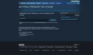 Formularz aktywacji klucza produktu na Steam z polem do wpisania klucza i przyciskiem "Kontynuuj".
