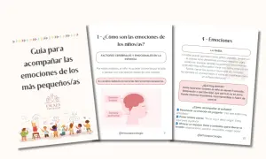 Guía para acompañar las emociones de los más pequeños/as. Ilustración de niños y cerebro, con consejos sobre gestión emocional infantil.