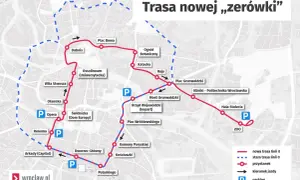 Mapa nowej trasy tramwaju 0 we Wrocławiu, pokazująca przystanki i kierunek jazdy.