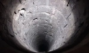 Blick in einen alten, steinernen Brunnen. Die Wände sind rau und uneben, was auf die Notwendigkeit hinweist, den Brunnen abzudichten.