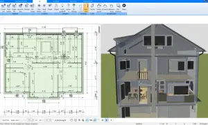 Grundriss und 3D-Ansicht eines Hauses. Die detaillierten Pläne zeigen Maße und Räume, während die 3D-Ansicht einen Einblick in die Innenarchitektur gibt. So kann man sich vorstellen, wie lange dauert ein hausbau.