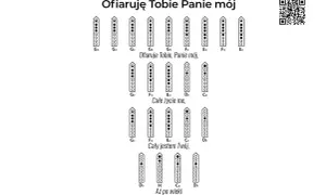 Nuty do piosenki "Ofiaruję Tobie Panie mój". Schematy palcowania na flet prosty dla poszczególnych dźwięków.