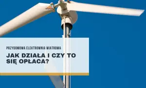 Biała elektrownia wiatrowa na tle błękitnego nieba. Tekst: "Przydomowa elektrownia wiatrowa. Jak działa i czy to się opłaca?".