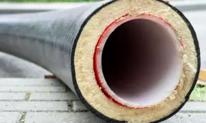 Przekrój rury z izolacją, zapewniającą ocieplenie rury wodnej. Gruba warstwa izolacyjna chroni przed utratą ciepła.