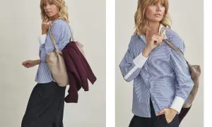 Eleganckie stylizacje: luźna koszula w paski i sweter w bordowym kolorze, zestawione z czarnymi spodniami w prążki.