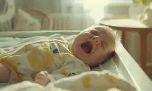 Płacz niemowlaka może być oznaką zaparć. Dziecko leży na przewijaku, ubrany w żółty pajacyk z motywami zwierzątek.