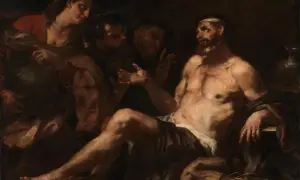 Hiob cierpi, otoczony przez przyjaciół, którzy próbują zrozumieć jego cierpienie. Obraz oddaje dramat **Księgi Hioba o czym** jest ta historia.