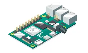 Płytka drukowana z portami USB, złączami i układami scalonymi. Widoczny jest również pin header, który może służyć do komunikacji przez UART.