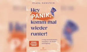 Buchcover: "Hey PANIK, komm mal wieder runter!" von Klara Hanstein. 21 Wege mit Panikattacken umzugehen – was tun bei Panikattacken.