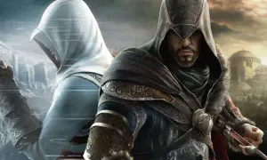Ezio Auditore i Altair Ibn-La'Ahad w grze Assassin's Creed Revelations. Dwóch asasynów w kapturach, jeden w bieli, drugi w ciemnych barwach, z widokiem na Konstantynopol.