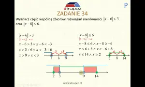 Rozwiązanie nierówności z wartością bezwzględną, gdzie liczby rzeczywiste tworzą przedziały. Pokazano graficznie zbiory rozwiązań i ich część wspólną.