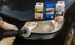 Kits de rénovation phare sur un capot de voiture. Une main gantée utilise une perceuse avec un tampon de polissage pour restaurer un phare jauni.