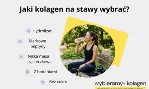 Kobieta pije napój, a obok lista cech dobrego kolagenu, w tym peptydy kolagenowe.