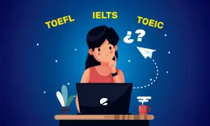 Chica pensativa frente a su laptop, dudando entre TOEFL, IELTS y el **toeic examen**.