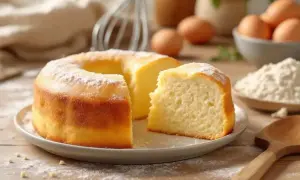 Un délicieux gâteau sans lait, saupoudré de sucre glace, avec une part coupée. Des œufs et de la farine sont visibles en arrière-plan.
