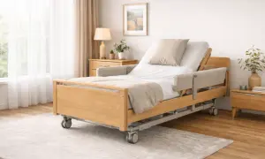 Lit médicalisé gratuit en bois clair, avec barrières de sécurité et roulettes. Confort et praticité pour un repos optimal.