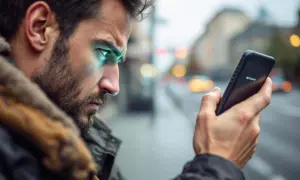 Un homme regarde son téléphone, ses yeux brillent d'une lumière bleue. Le téléphone affiche "Netfront", mais il est non enregistré sur le réseau Samsung.