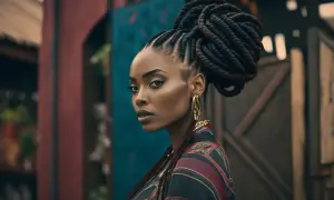 Modna it girl z imponującymi warkoczami i złotą biżuterią, w barwnym stroju, pozuje na tle rustykalnych budynków.