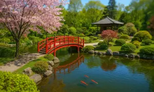 Ein malerischer japanischer Garten in Breslau mit Kirschblüten, einem roten Brückenbogen über einem Teich mit Koi und einem Pavillon.