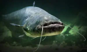 Großer Wels mit Barteln im dunklen Wasser. Die Laichzeit der Welse ist im Frühsommer.