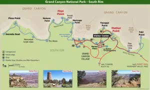 Karte des Grand Canyon South Rim mit Aussichtspunkten wie Mather Point, Hopi Point & Hermits Rest. Hier finden Sie Grand Canyon Tipps für Ihre Reise.