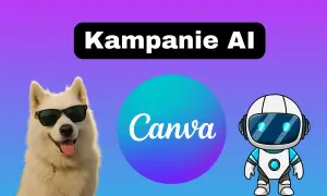 Pies w okularach i robot obok logo Canva. Kampanie AI tworzone z myślą o prawach autorskich.