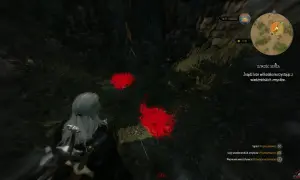 Geralt szuka śladów wilkołaka, używając wiedźmińskich zmysłów. Czerwone plamy na ziemi wskazują trop w "Dzikość serca".