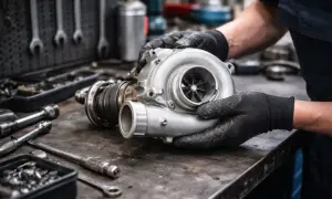 Mains gantées tenant un turbo diesel, pièce essentielle pour la durée de vie d'un moteur. Outils de mécanique en arrière-plan.