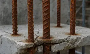 Barras de refuerzo oxidadas emergiendo de hormigón agrietado, indicando la necesidad de un tratamiento para hierro oxidado en hormigón.