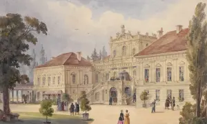 Elegancki pałac, być może rezydencja Czartoryskich, z ludźmi spacerującymi po dziedzińcu.
