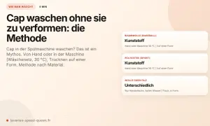 Anleitung: Cap waschen ohne Verformung. Tipps für Baumwolle, Polyester und Wolle. Maschinenwäsche oder Handwäsche, Trocknen auf Form.
