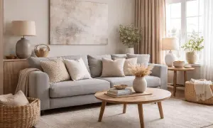 En ljus och inbjudande soffgrupp i grått, med kuddar i beige och naturfärger. Perfekt för att visa vad som passar till grått.