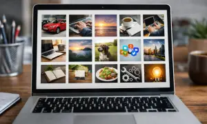 Laptop wyświetla galerię grafik na stronę internetową: samochód, praca przy komputerze, zachód słońca, kawa, pies, ikony mediów społecznościowych, miasto, książki, jedzenie, narzędzia, żarówka.