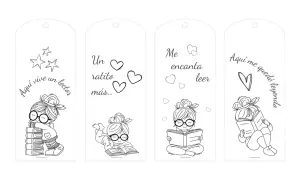 Marcapaginas día del libro para colorear: niñas leyendo, abrazando libros, soñando con estrellas. ¡Perfectos para crear tus propios diseños!