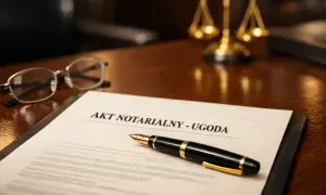 Akt notarialny - ugoda. Na biurku notariusza leży dokument, pióro i okulary. W tle waga sprawiedliwości.