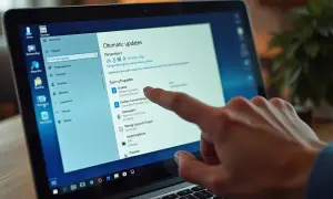 Palec dotyka ekranu laptopa, pokazując opcje "Turn off updates" w ustawieniach Windows. Dowiedz się, jak wyłączyć aktualizacje Windows 10.