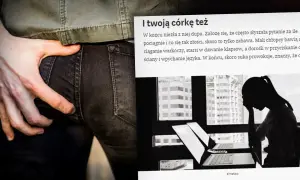 Dłoń na jeansach, tekst o prowokacji i #metoo. To obraz, który porusza temat molestowania.