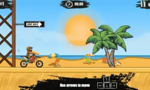 Motocyklista na plaży w grze zręcznościowej, z palmami i słońcem w tle.