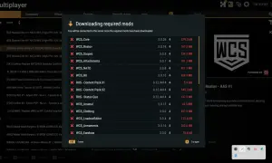Okno gry Arma 3 z listą pobieranych modów i informacją o połączeniu z serwerem.
