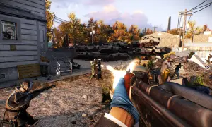 Gracze strzelają do policjantów w Payday 2 na tle zniszczonego krajobrazu.