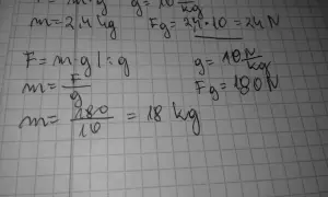 Ręcznie pisane wzory fizyczne na kratkowanym papierze, w tym F=m*g i obliczenia.